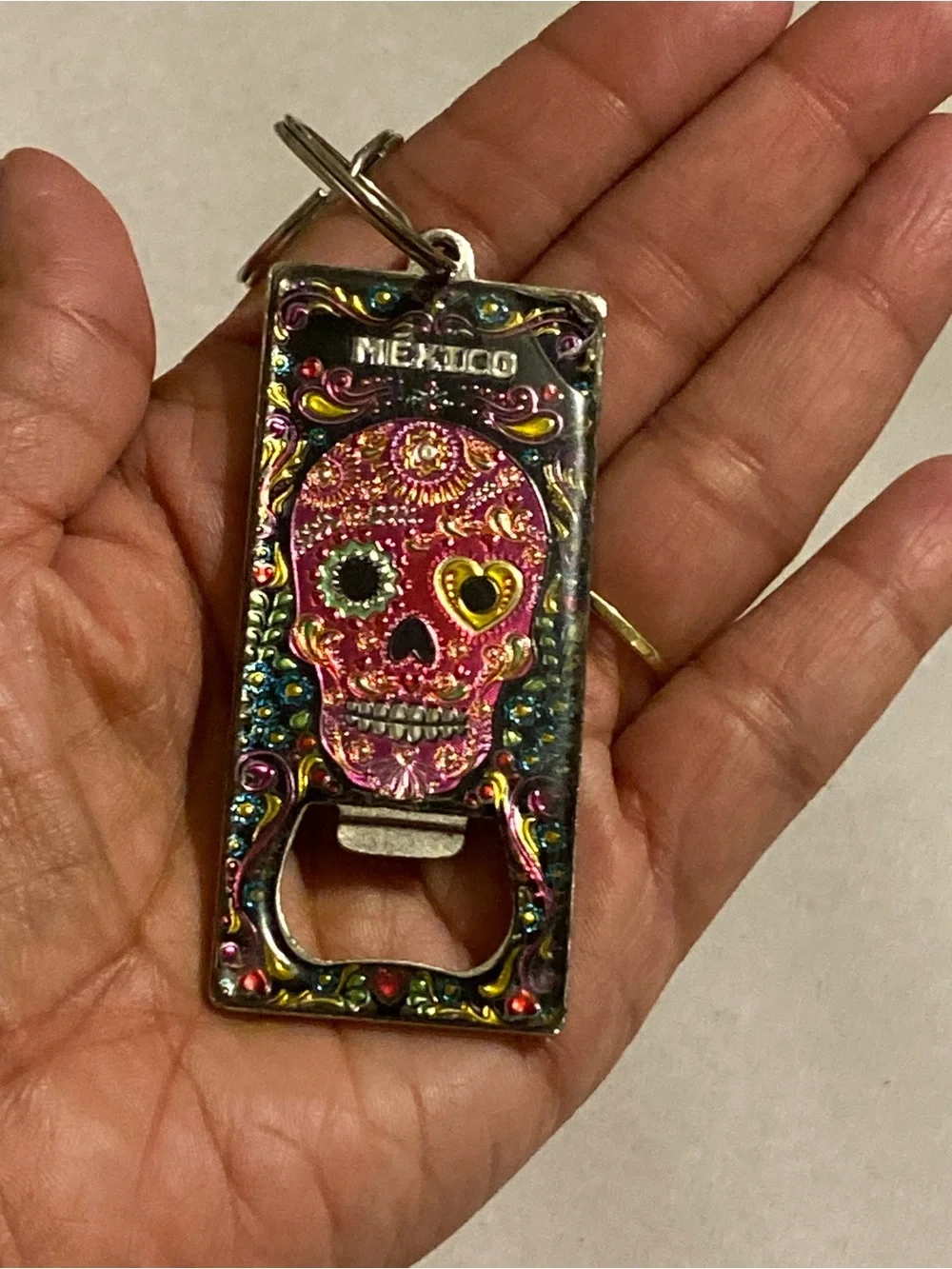 Mexico Sugar Skull Bottle Opener Keychain - Pink & Gold